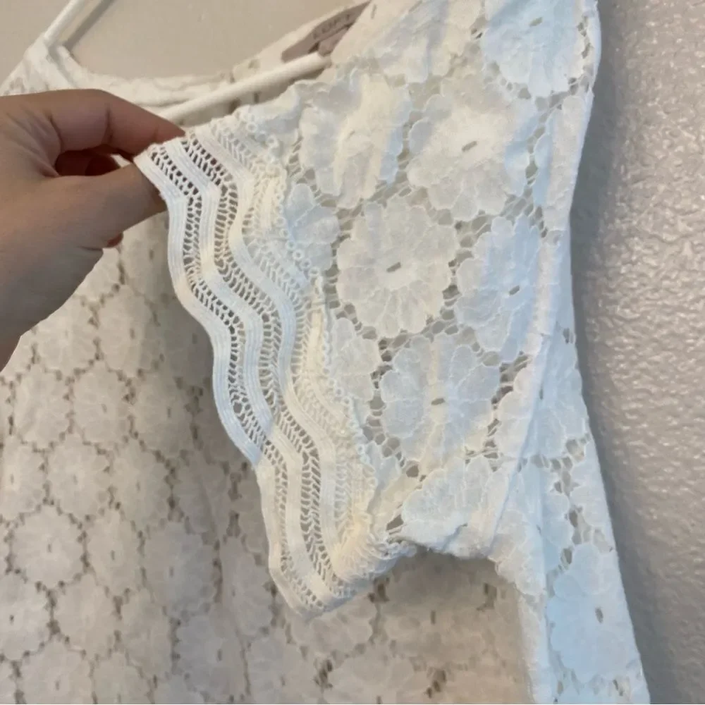 LOFT white lace crochet semi sheer crewneck blouse 
top cotton nylon beachy M - Picture 5 of 9